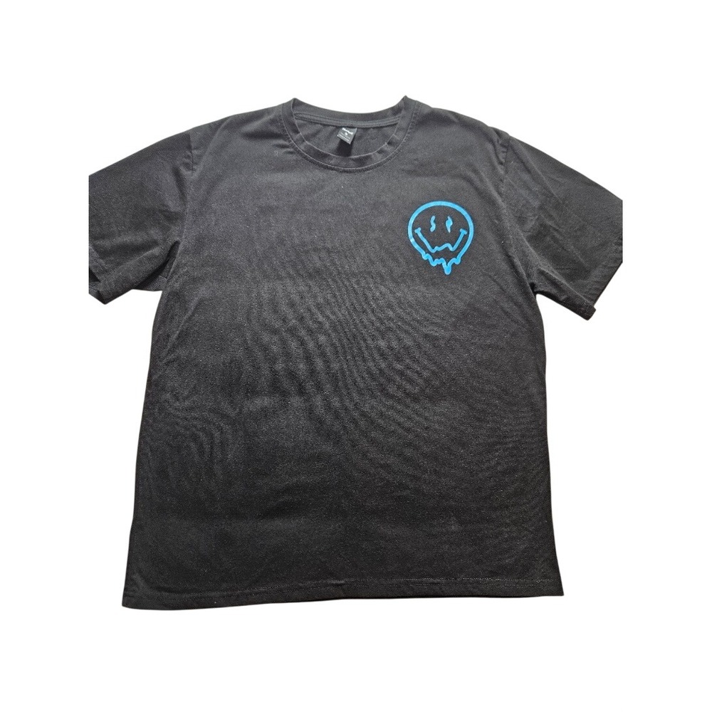 Romwe Mens Small Black Dripping Smiley Face Graphic T-Shirt Blue Smile Quote Tee